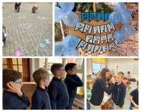 Dzieci świętują Światowy Dzień Dziecka kredą, dekoracjami i zajęciami w klasie.