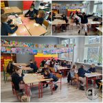 Trzy sceny klasowe z młodymi uczniami pracującymi przy stołach, bawiącymi się i wchodzącymi w interakcje w kolorowym, udekorowanym pokoju.