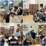 Kolaż uczniów w klasach i bibliotece, angażujących się w zajęcia grupowe i rękodzieło z nauczycielami.