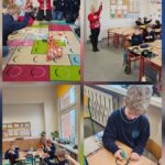 Kolaż przedstawiający uczniów w klasie, wykonujących prace z włóczki i sznurka pod kierunkiem nauczyciela.