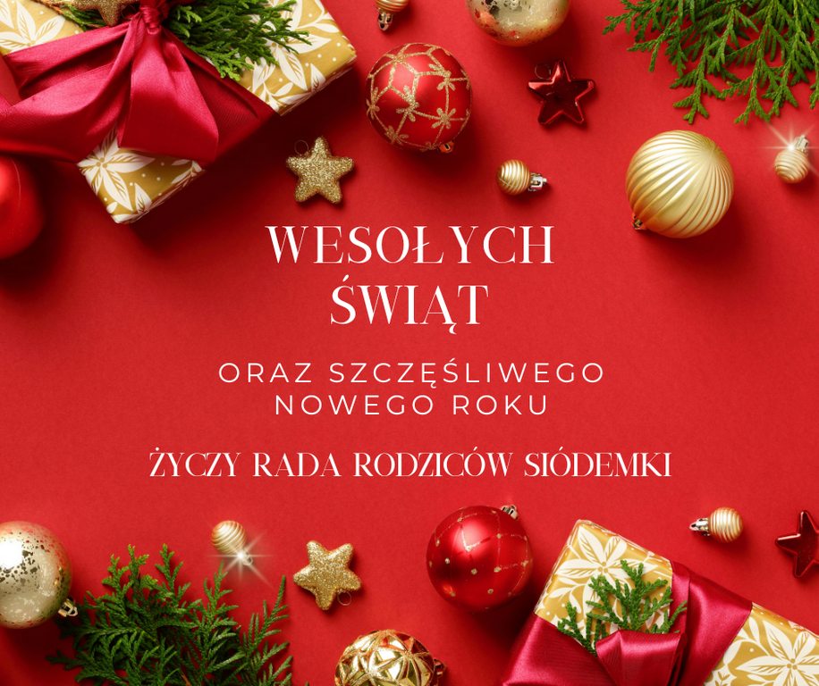 Czerwone tło świąteczne z ozdobami, gałązkami sosny i prezentami, z życzeniami świątecznymi: Wesołych świąt oraz szczęśliwego nowego roku życzy rada rodziców siódemki.