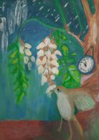 Ptak stoi na gałęzi w pobliżu białych kwiatów, zielonych liści i zegara wiszącego na drzewie.