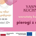 Plakat informujący o warsztatach kulinarnych z lepienia pierogów z serem dla dzieci w wieku 12+ w dniu 9 grudnia w godz. 17:30-18:30.