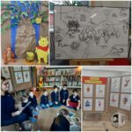 Kolaż przedstawiający Kubusia Puchatka, mapę lasu, dzieci w klasie i plakaty z postaciami.