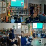 Dzieci siedzą na podłodze w bibliotece, słuchając kobiety prezentującej książki i ilustracje.