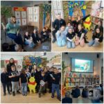 Dzieci w klasie cieszą się zajęciami i opowiadaniem historii o postaciach z Kubusia Puchatka.