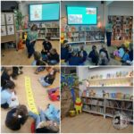 Dzieci uczestniczą w czytaniu i zajęciach słownych o Kubusiu Puchatku w kolorowej bibliotece.