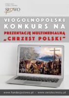 Laptop wyświetla historyczny obraz; polski tekst ogłasza multimedialny konkurs o Chrzest Polski.