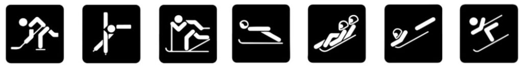 Sześć czarnych ikon sportów zimowych: hokej na lodzie, skoki narciarskie, biathlon, saneczkarstwo, bobsleje, skeleton i narciarstwo.