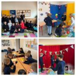 Kolaż dzieci w klasach i grających w gry, z kolorowymi dekoracjami i rekwizytami.