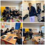 Kolaż młodych uczniów w klasie, uczestniczących w różnych zajęciach edukacyjnych i grupowych.