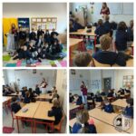 Cztery sceny w klasie: nauczyciel instruujący i uczniowie siedzący przy biurkach lub zgromadzeni na kolorowym dywanie.