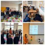 Cztery sceny klasowe z młodymi uczniami, niektórzy zgromadzeni na kolorowym dywanie, inni pracujący przy stołach.