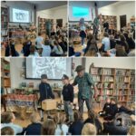 Trzy zdjęcia przedstawiające mężczyznę z rekwizytami i kostiumami w klasie złożonej z młodych uczniów.