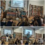 Autor wygłasza pogadankę dla dzieci w bibliotece, pokazując zdjęcia i rekwizyty ze swoich przygód.