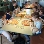 Dzieci siedzą przy długim stole w restauracji, jedzą pizzę i rozmawiają ze sobą.