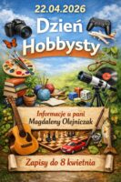 Plakat na Dzień Hobbysty ze sztuką, aparatem fotograficznym, gitarą, teleskopem i szczegółami wydarzenia w języku polskim.