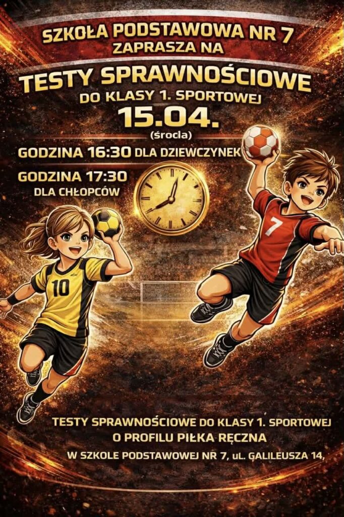 Plakat na treningi piłki ręcznej z dziewczynką i chłopcem w strojach sportowych, zegarem i szczegółami wydarzenia.