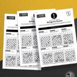 Trzy drukowane plansze szachowe z siatkami i tekstem, umieszczone na żółto-czarnym tle.