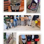 Kolaż ludzi trzymających kosze i pojemniki, a także wózek i koszyk z zakupami.