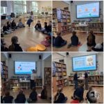 Dzieci siedzą w bibliotece, obserwując kobietę prowadzącą prezentację ze slajdami na ekranie.