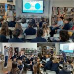 Uczniowie w bibliotece uczestniczą w prezentacjach z prelegentami i biorą udział w interaktywnych zajęciach.