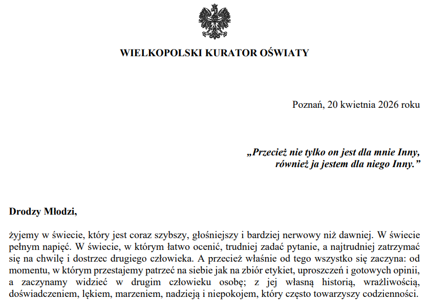 Formalny polski list z cytatem i nagłówkiem WIELKOPOLSKI KURATOR OŚWIATY u góry.
