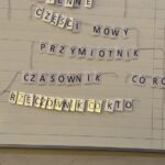 Papierowe litery na tablicy wypisują polskie terminy gramatyczne: części mowy, przymiotnik, czasownik, rzeczownik.