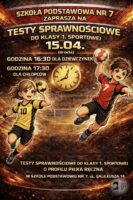 Plakat dotyczący testów sprawnościowych w piłce ręcznej w szkole podstawowej, z rysunkową dziewczynką i chłopcem grającymi w piłkę ręczną.
