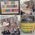 Kolaż czterech zdjęć dzieci na imprezie bibliotecznej poświęconej robieniu dobrych uczynków, z kolorowymi znakami.