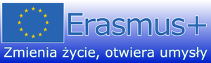 Logo Erasmus+ z flagą UE i polskim tekstem: Zmienia życie, otwiera umysły na niebieskim tle.