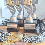 Trzy trofea szachowe i kilka złotych, srebrnych i brązowych medali z kraciastymi wstążkami na stole.