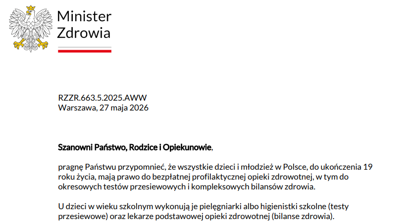 Pismo z polskiego Ministerstwa Zdrowia z tekstem oraz godłem ministerstwa w lewym górnym rogu.