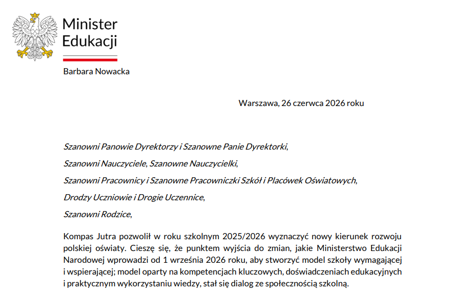 List z polskiego Ministerstwa Edukacji z logo ministerstwa i tekstem w języku polskim na białym tle.