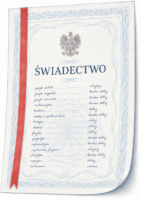 Stylizowane świadectwo szkolne z wykazem przedmiotów i ocen, ozdobione czerwoną wstążką i godłem państwowym.