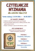 Plakat zaprasza uczniów klas 5–8 do udziału w konkursie czytelniczym; zawiera szczegółowe informacje oraz ilustrację przedstawiającą mapę.