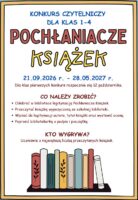 Plakat promujący konkurs czytelniczy dla dzieci, zawierający szczegóły dotyczące wydarzenia, instrukcje oraz listę książek przedstawioną na dole.