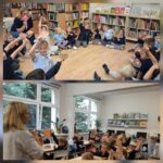 Nauczycielka prowadzi zajęcia z uczniami szkoły podstawowej, wykorzystując papierowe wycinanki przedstawiające zwierzęta.