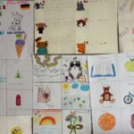 Siatka rysunków dzieci przedstawiających różne przedmioty, zwierzęta i flagi wraz z podpisami w różnych językach.