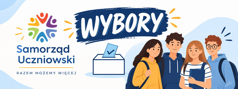 Baner wyborczy samorządu uczniowskiego przedstawiający urnę wyborczą i grupę czterech uczniów.